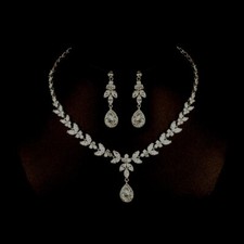 CZ Bridal Jewelry Necklace and Earring Set Halo Teardrops White gold Plated