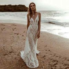 Boho Lace Mermaid Wedding Dress V-neck Spaghetti Straps Open Back Small Tail