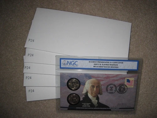 TWO (2) 2007 P24 James Madison Presidential Dollar $1 Coin P+D Cover NGC MS 65