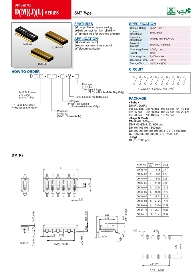 5PCS DM-08-V-T/R DIPTRONICS Surface Mount 8 Position DIP Switch Toggle SMD-16 - Image 4 of 4