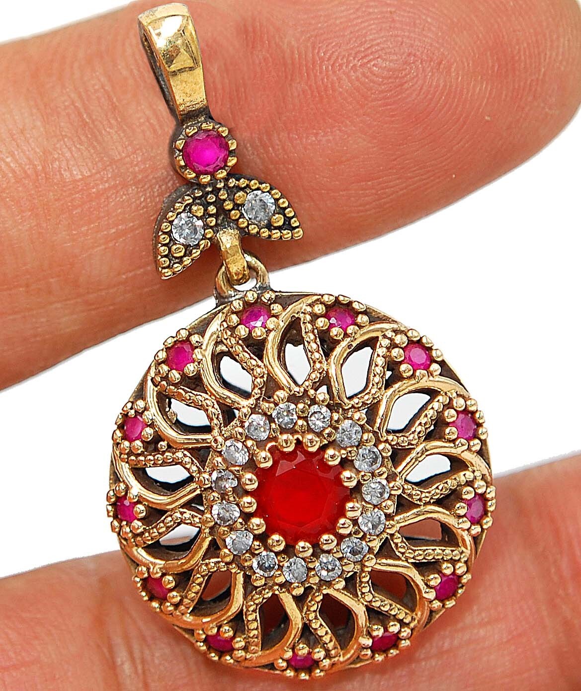 Sterling Silver Ottoman Style 2CT Topaz & Treated Ruby Pendant  