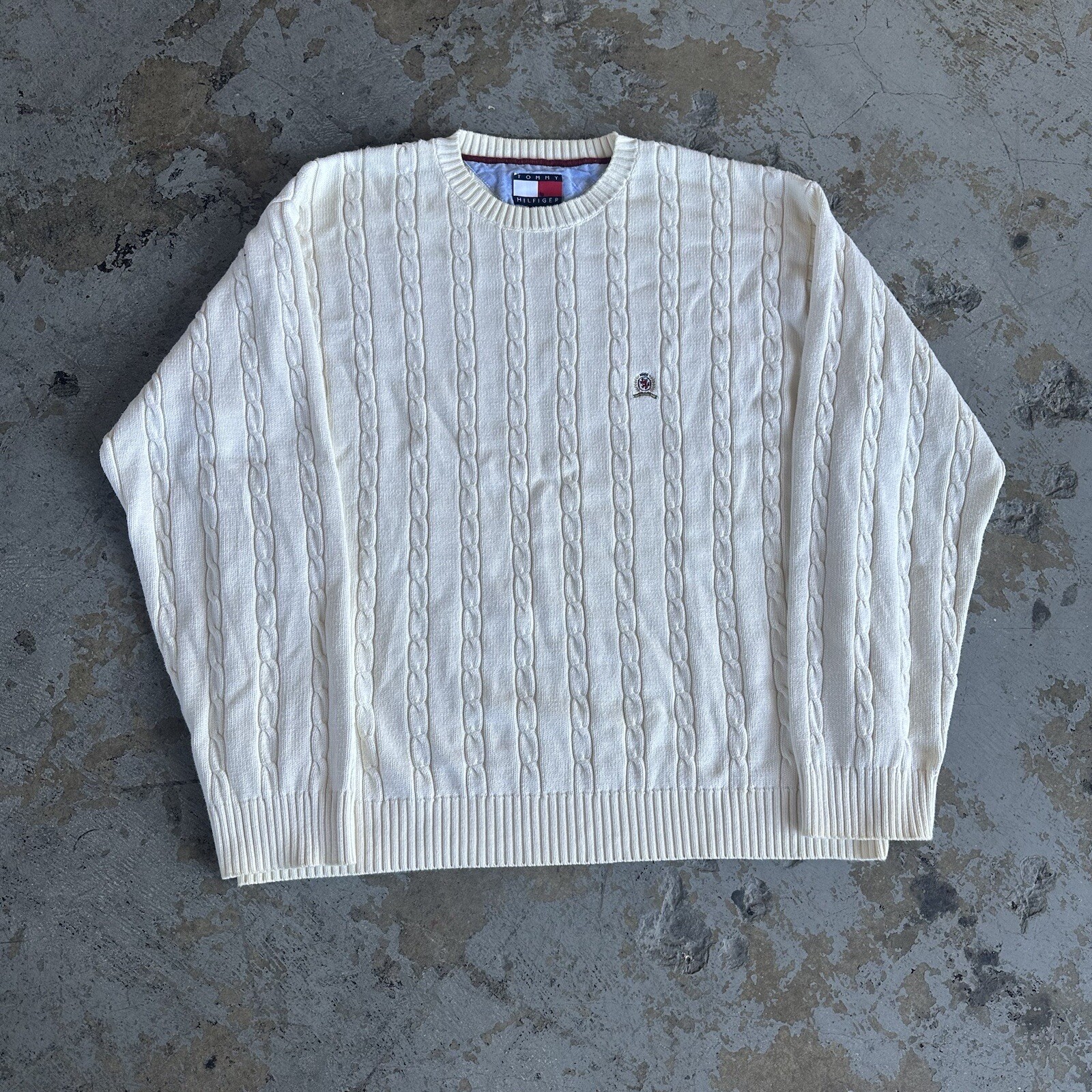 Vintage 90s Tommy Hilfiger Cream Cable Knit Sweater XL image 2