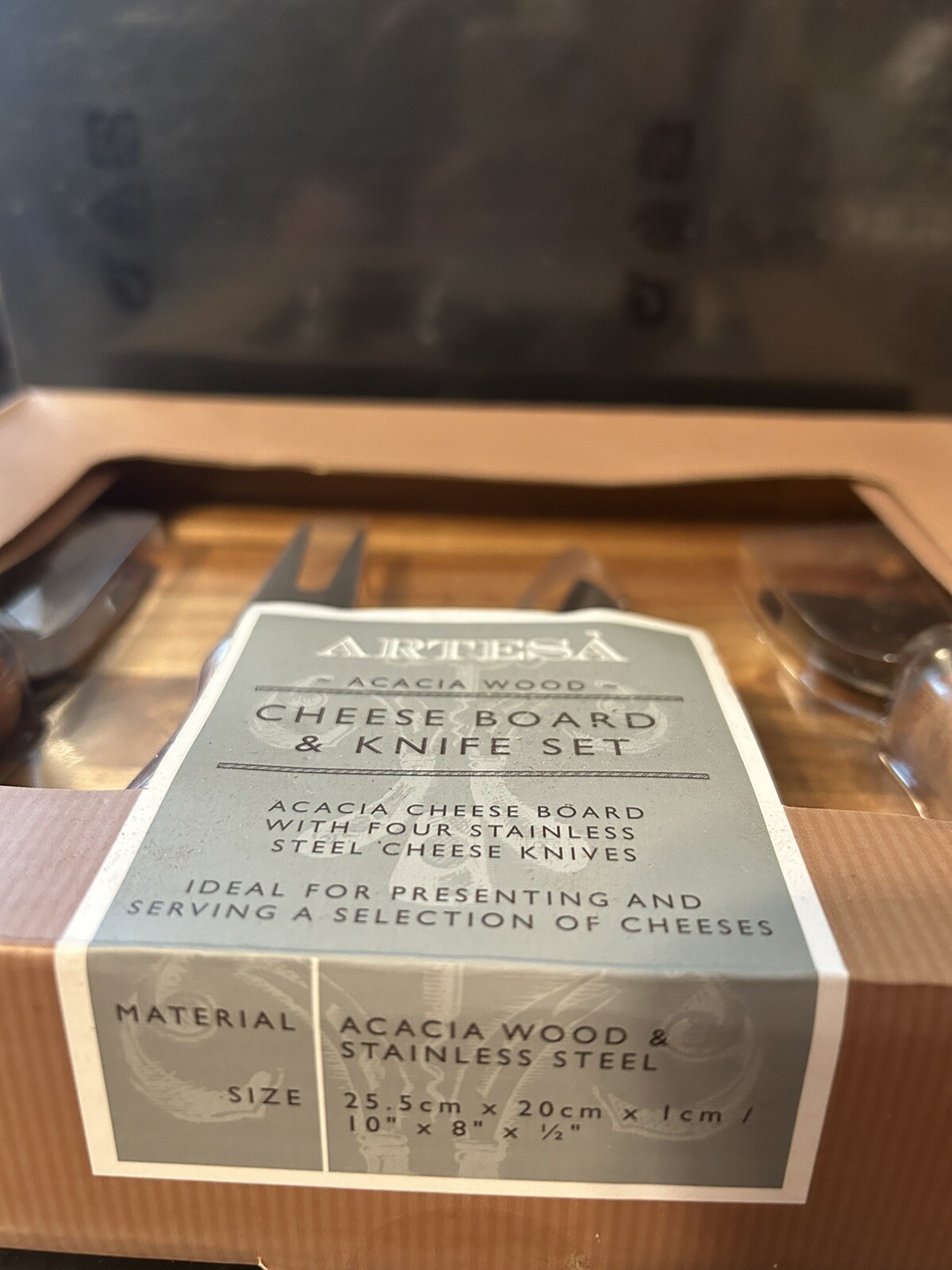 Artesa Acacia Wood Cheese Board & Knife Set with 4 Stainless Steel ...