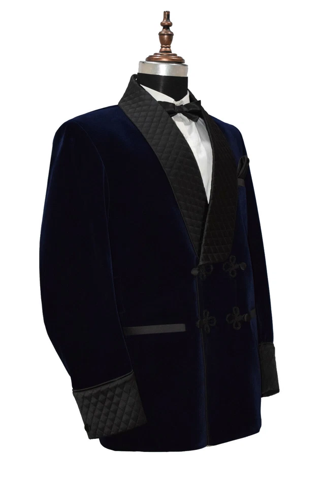 Мужская курительная куртка стеганая с лацканами темно-синий бархат ужин блейзеры пальто - Изображение 3 из 4