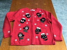 Croft  Barrow Christmas Cardigan Sweater w/Embellished Mittens Zip Front Med.