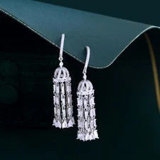 Silver Plated CZ Earrings Long Dangling Tassel Crystal Tennis Drop White Jewelry