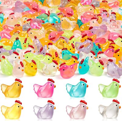 64PCS Luminous Mini Chicken Figurines Resin Miniature Animals 8 Colors Tiny Chi