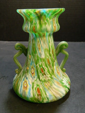 Vintage Hand Blown Murano Green Millefiori Handled Art Glass Vase 5.75"x4.5" Exc