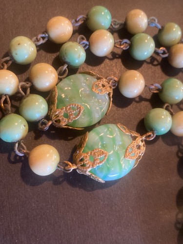 ANTIQUE 28” VICTORIAN GOLD FILLED? GREEN JADE ART DECO GLASS/STONE? NECKLACE - 第 3/24 張圖片