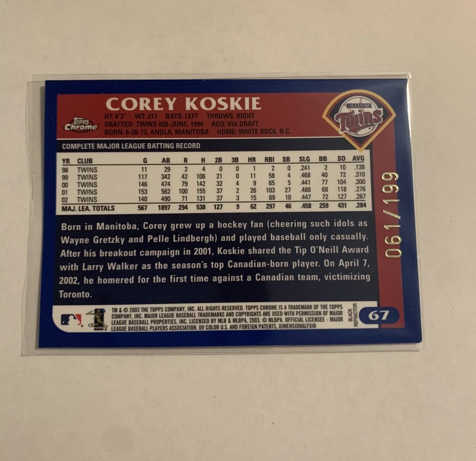 Topps 2003 cromo refractor negro/199 Corey Koskie #67 Foto 2 de 2