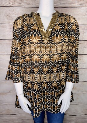 CATHERINES Women's 3X Plus Brown Tan Accordion Blouse Gold Sequin Accents EUC