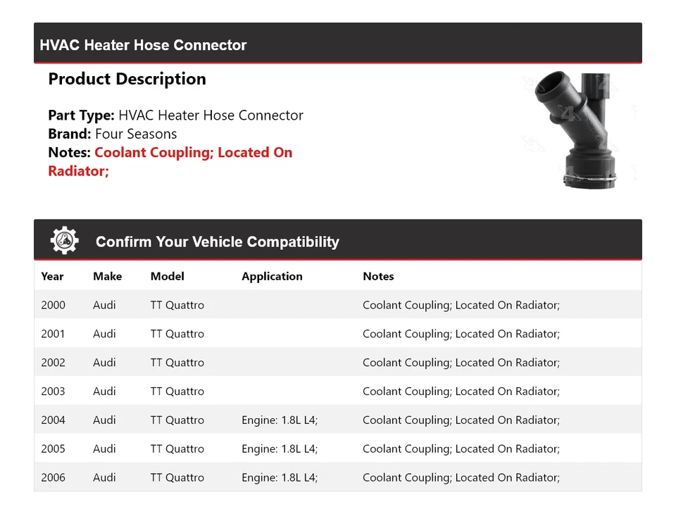Conector de manguera de calefacción para Audi TT Quattro 2000-2006 4 estaciones 2001 2002 Foto 2 de 4