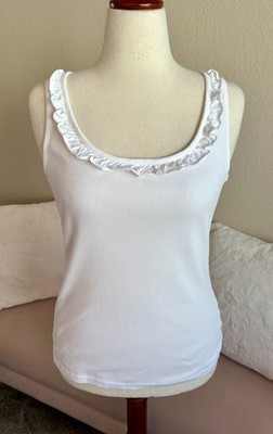 Lauren Ralph Lauren Ribbed Tank Top White Cotton Ruffle Trim Neck L Cottagecore