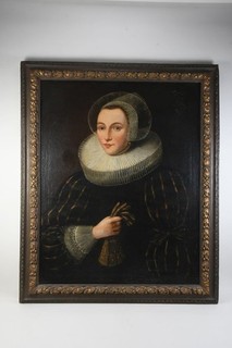 Q85P08 Altmeister Barock Gemälde Dame mit Halskrause Mühlsteinkragen