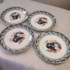 Harvest Green Studio Halloween Skull 8in Plates Flowers Black Set of 4 Appetizer