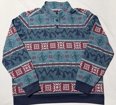 L.L. Bean Mens 1912 Button Up Mock Neck Sweatshirt Christmas Pattern Ski XL
