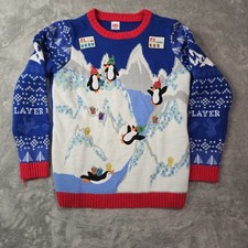Ugly Christmas Sweater Penguins Video Game Funny Juniors Kids XL Blue Holiday