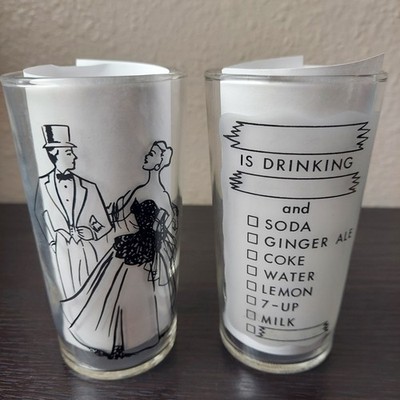 VTG Federal Glass Highball Cocktail Fancy Couple Drink List 5'' Set Frosted Back