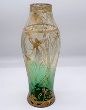 14" Antique Bohemian Green to Clear Enameled & Gold Pine Art Nouveau Glass Vase