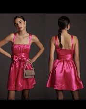 Anthropologie MAEVE Bow-Tie Satin Mini Dress Hot Pink Party Cocktail Size US 4
