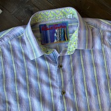 Robert Graham Shirt Mens XL Purple Striped Classic Fit Short Sleeve Button Up