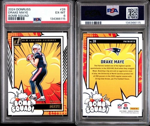 2024 DONRUSS BOMB SQUAD DRAKE MAYE # 28 PSA 6 EX-MT NEW ENGLAND PATRIOTS