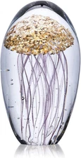 Qfkris 4.3" Hand Blown Art Glass Figurine Crystal Jellyfish Paperweight for Home