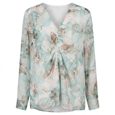 NEW Calvin Klein Womens 2X Blue Floral V-Neck Ruched Blouse Long Sleeve Shirt