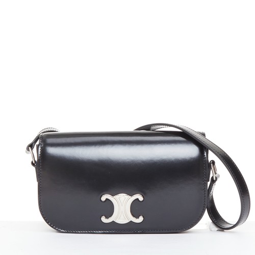 CELINE 2020 Besace Triomphe black glossed calfskin leather silver hardware bag