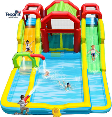 Inflatable Water Double Slides Park with Blower, Shade Tent Bounce House with 2