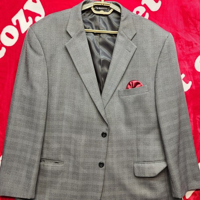 #ad Mazzoni Mens 48R Gray Plaid Sport Coat Blazer 2 Button Double Vent Italy $49.99