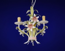 Vintage französischer 80er Jahre handbemalter Toleware Floral 3-armiger Florentiner Kronleuchter