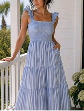 Quince Bayside Stripe Organic Cotton Gauze Smocked Dress BDA Coastal Size M 