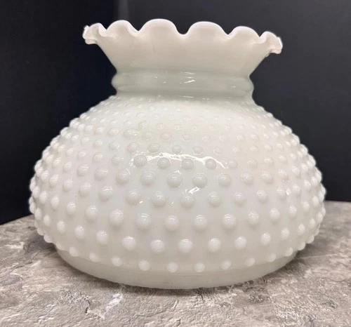 Vtg  White Hobnail Milk Glass Lamp Shade with Ruffled Edge 7” Bottom