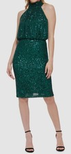 Eliza J Women's Green Sequinned Lined Mock Neck Blouson Shift Dress Size 6