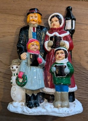 Big Arrow Hand Painted Cast Iron Door Stop Christmas Caroling Family Snowman