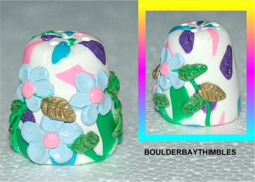 BOULDER BAY- Hand crafted FIMO Thimble #17 PALE BLUE FLORAL on CONFETTI