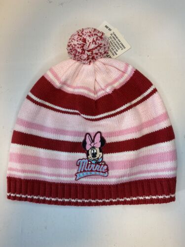 NEW Disney Store Girls MINNIE MOUSE BEANIE Hat Pom Striped Pink Cap Age 8-10 NWT