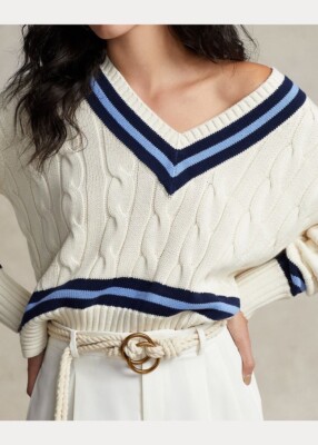 Polo Ralph Lauren Cable Knit Cricket Boxy Cream Navy Jumper Sweater Womens  XL UK