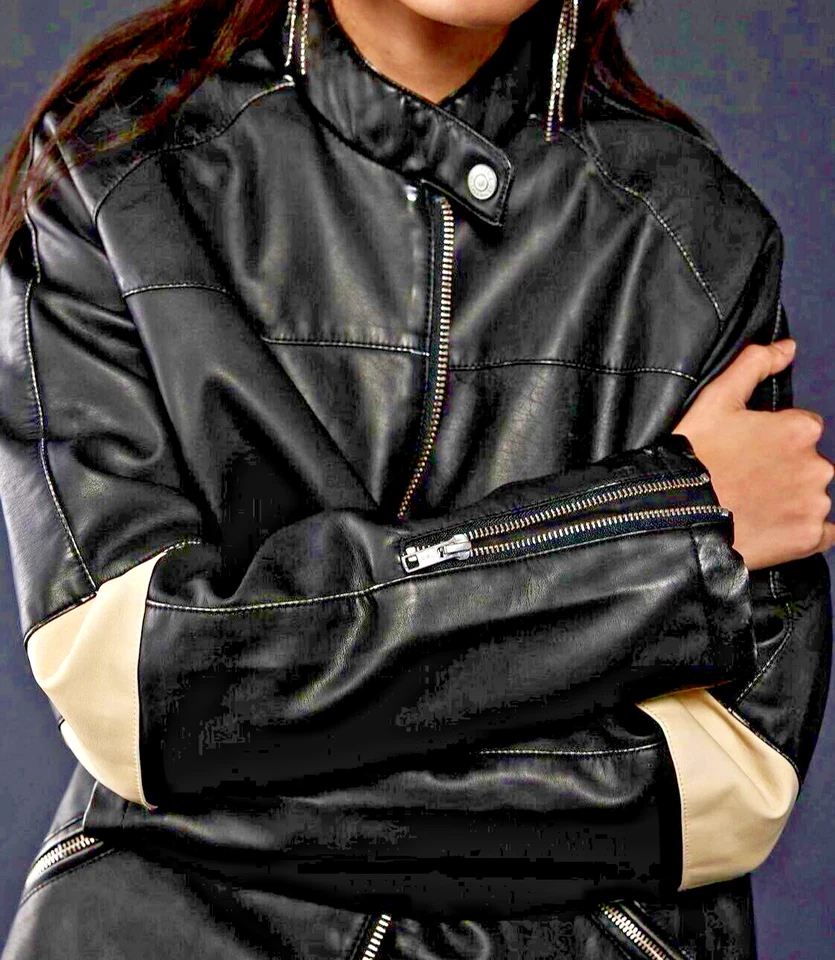 Free People Ryder Sport Vegan Moto Jacket XS Black Cream Stripe We The Free - Image 3 of 4