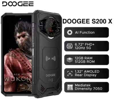 DOOGEE S200 X Rugged 5G Phone 32GB+512GB AI 100MP/20MP NV 6.72'' Dual Screen