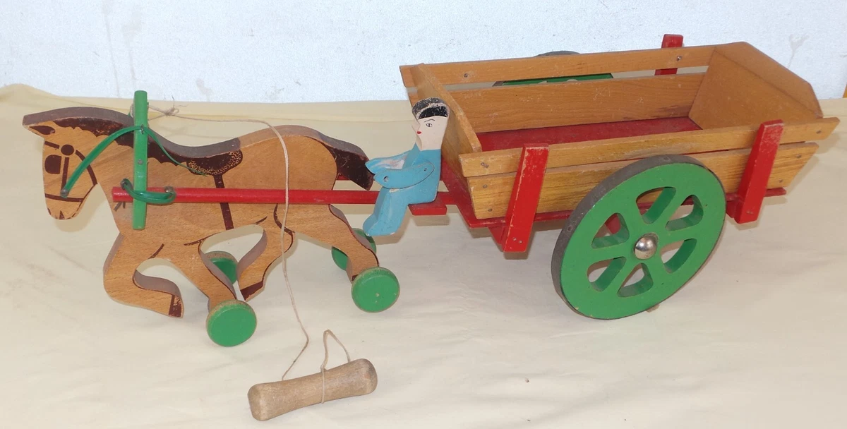 JOUET LENOBLE CHARRETTE en bois avec cheval composition 45 cm vintage