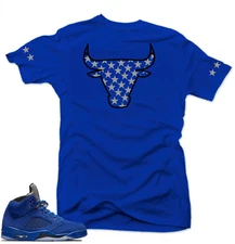 Shirt to match Air Jordan Retro 5 Blue Suede Sneakers.Bull 5 Royal tee