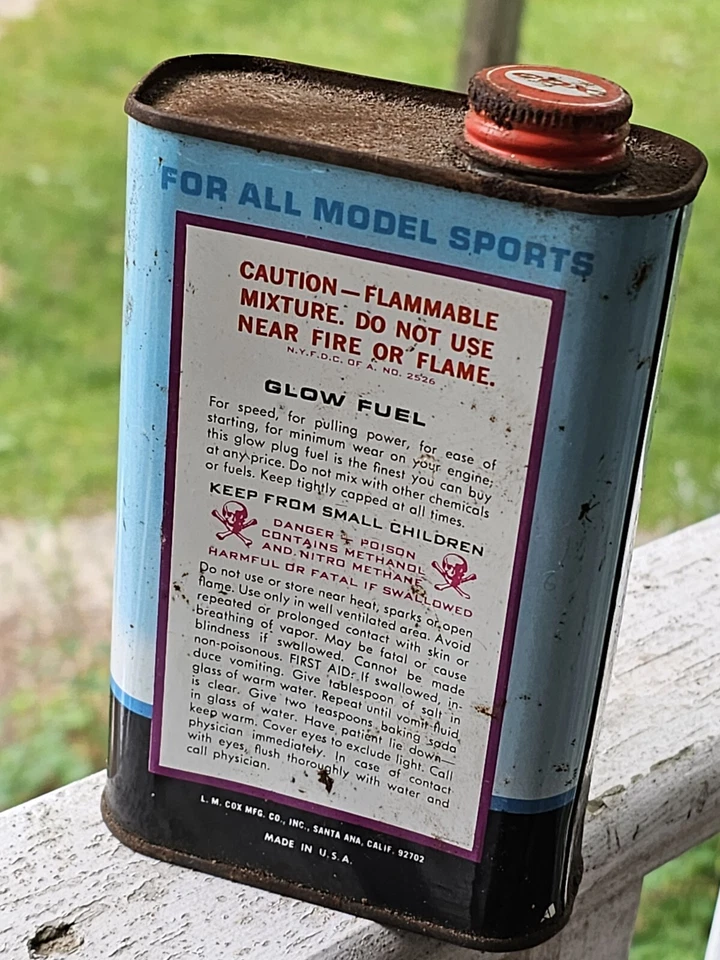Lata publicitaria de combustible vintage Cox Glow ¿Alrededor del 80%?? Una pinta completa de nitro de EE. UU. Foto 3 de 4