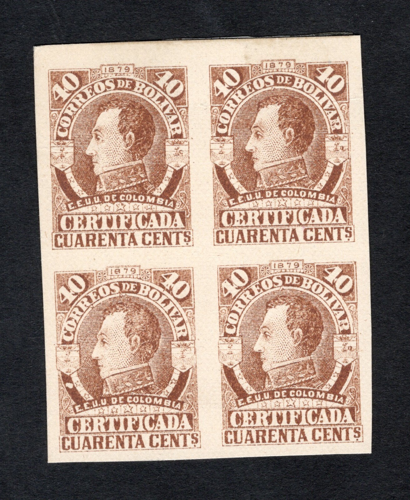 Colombia Bolivar 1879 quart-block of stamps on cutting 40 Ctvs PROOFS RRR MH
