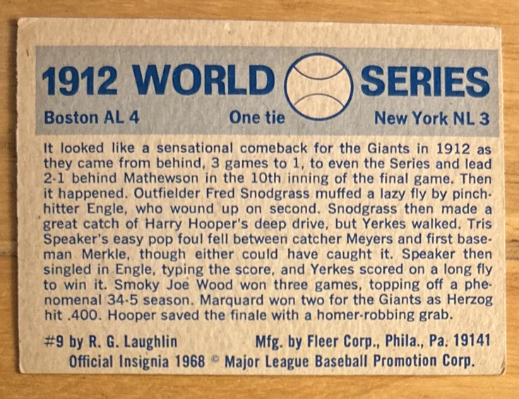 1970 Fleer Laughlin 1912 年世界系列巨人对红袜队卡 #9 状况极佳 Tris 扬声器 — 第 2/2 张图片