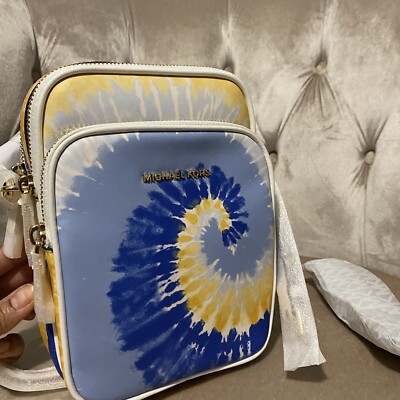 NWT Michael Kors Leather Jet Set Medium Tie Dye Zip Camera Crossbody Bag  Blue
