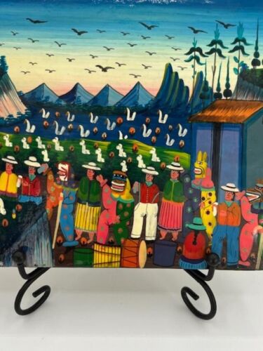 Hand Painted Peruvian Folk Art of Mountains,Swans,Lamas Signed Bright Colors - Picture 3 of 6