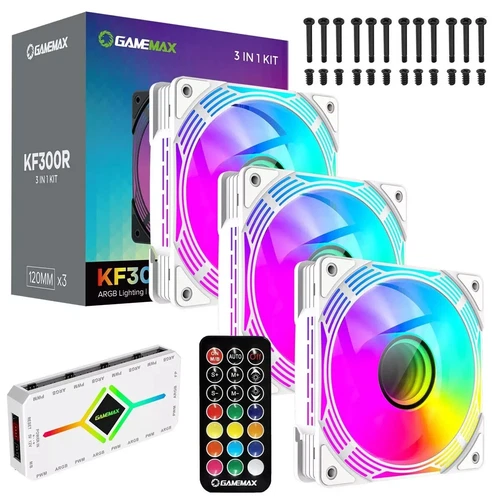 GameMax 3Pack 120mm Infinity PC Cooling Fan Set ARGB LED With Control Hub White.