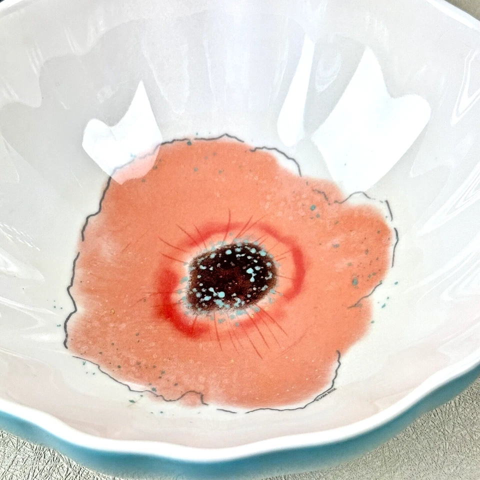 Zak! Juego de 4 cuencos de sopa/cereal con borde festoneado flor de amapola azul melamina naranja Foto 3 de 4